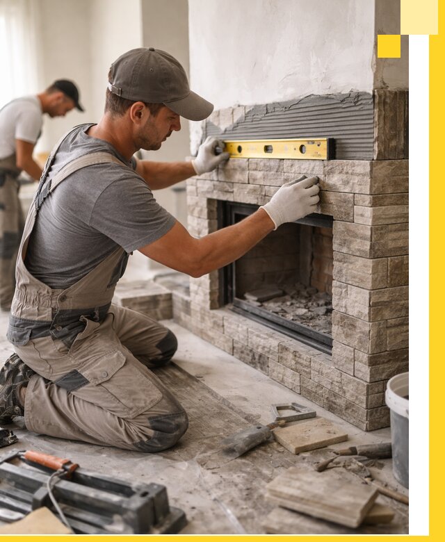 Облицовка каминов в Анжере-Судженске, монтаж и отделка натуральным камнем